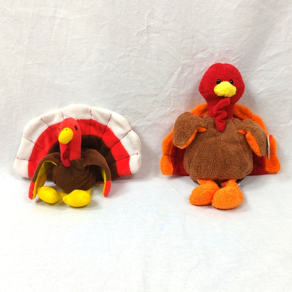 2 TY TURKEY "GOBBLE" THANKSGIVING BEANIE BABIES & THANKFUL PIE DISH - Picture 4 of 10
